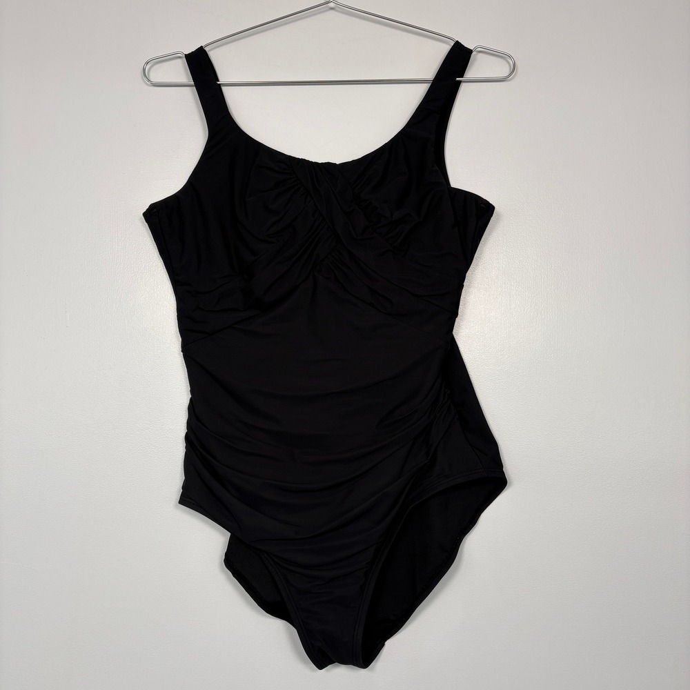 Lands End Womens One Piece Swimsuit 12‎ DD Black Ruched Tummy Control 477716